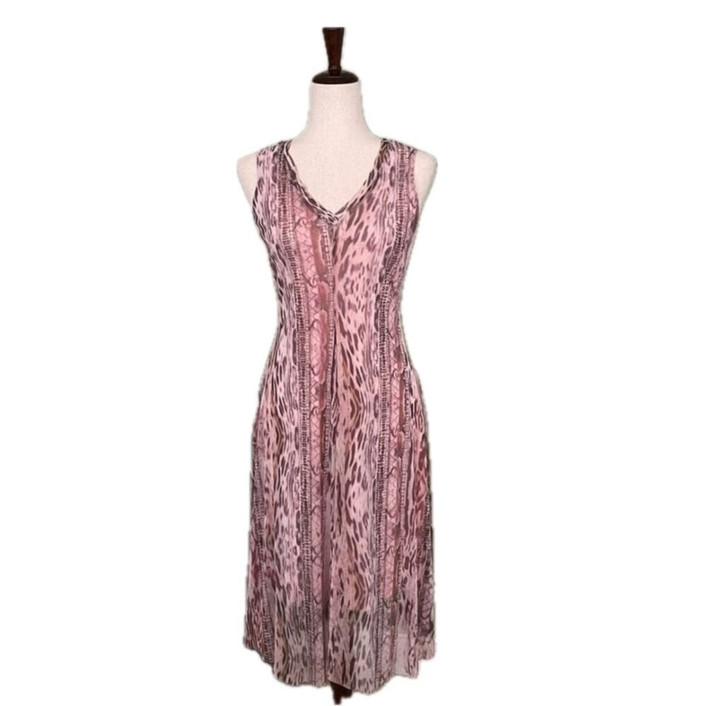T Tahari Midi Dress Sheer Overlay Animal Print V-Neck Pink Brown Women’s XS